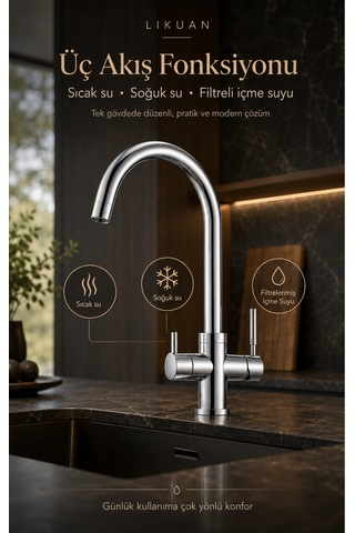 Nkdp3212cp Premium Krom 3 Akışlı Mutfak Musluğu Filtreli İçme Suyu Gümüş