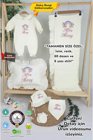 Gros Shop Müslin Yeni Doğan 4 Katlı Organik %100pamuk Kişiye Özgü Nakışlı Hastane Çıkış Seti-pudra Gökkuşağı Ekru-1