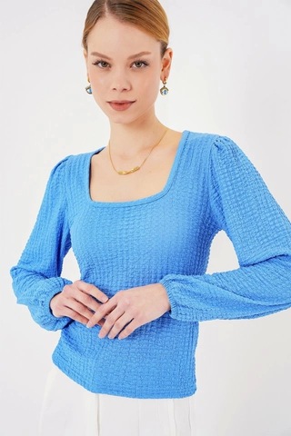 Defymoda 0442 Uzun Kollu Bluz - Saks Saks