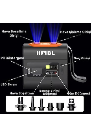 Habl Şarjlı Dijital Şişirme Pompası Çadır/paddle Board/şişme Yatak Vb 22psı 1.5 Bar Siyah Turuncu