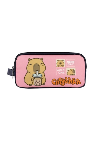 Capybara Kız Çocuk İki Bölmeli Kalem Çantası - Lacivert - Pembe - 5205 Çok Renkli