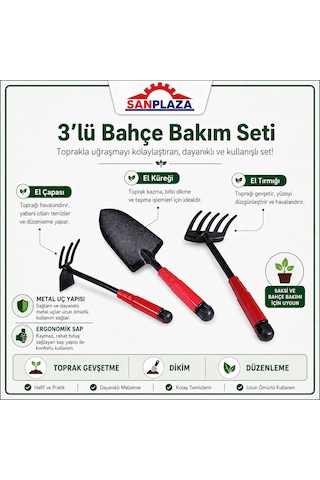 Sanplaza 3'lü Bahçe El Aletleri Seti Kazma Çapa Tırmık Kürek Saksı Dikim Toprak Bakım Seti