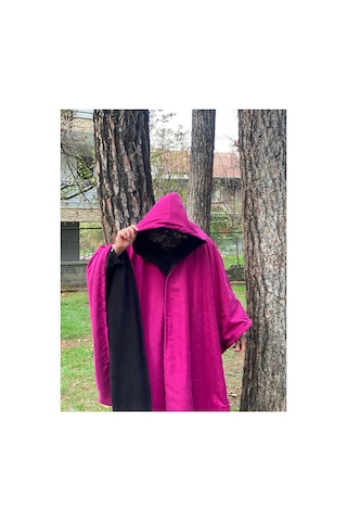 Alpin Çift Taraflı Kapüşonlu Panço Fuşya & Siyah Unisex Oversize Panço Çok Renkli Çok Renkli