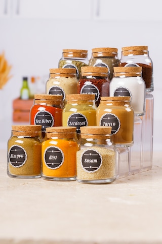 12 Adet Tahta Kaşıklı Mantar Kapak Baharatlık 300 Ml Siyah Etiket Şeffaf