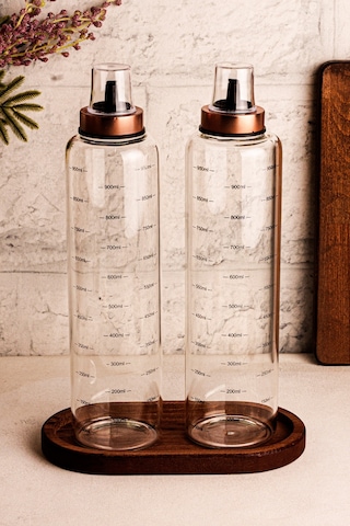 Bottle - 3 Parça Ahşap Standlı Damlatmaz 1 Lt Cam Yağdanlık Borosilikat Yağlık Sirkelik 1000ml SNPBOTTLEBKR3