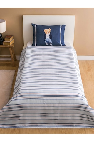 Lacivert Ayıcık Teddy Baskılı %100 Pamuklu Tek Kişilik Pike Seti 160 X 220 Cm Lacivert