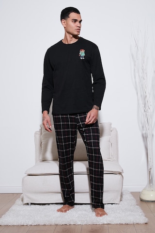 Buratti Ekoseli Regular Fit Yüksek Bel Cepli Bisiklet Yaka Erkek Pijama Takımı 6574002 Siyah-Siyah