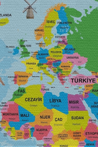Harita Sepeti Duvar Örtüsü Halısı Detaylı Güncel Türkçe Dünya Haritası Kaliteli Kanvas Kumaş-3976-65 X 40