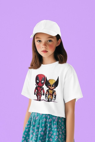 Sevbano Deadpool Wolverine Baskılı Unisex Kahramanlar Film Çocuk Tişört Beyaz