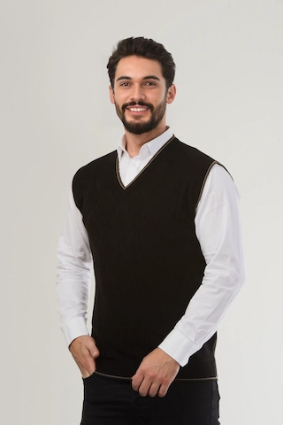 Kamalı Siyah Erkek V Yaka Triko Örgü Tüylenmez Süveter Regular Fit Saç Örgü Desenli Siyah