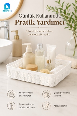 Jute Çok Amaçlı Sepet 5 L Mutfak Banyo Dolap İçi Saklama Düzenleyici Organizer 34x26x6,5 Cm beyaz