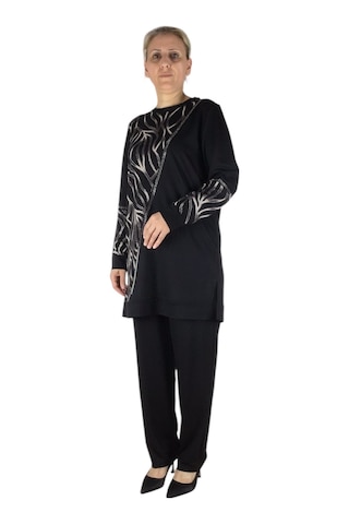 Kadın Bluz Önü Desenli Taşlı Pantolon Lastikli İkili Takım Siyah