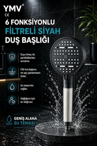 Ymv 6 Fonksiyonlu Filtreli Duş Başlığı Masajlı Basınçlı Su Akışlı Kireç Pas Tortu Filtreli El Duşu Krom