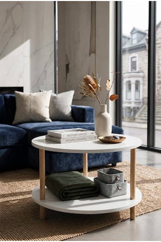 Oval Modern Kolay Kurulum İki Katlı Yuvarlak Orta Sehpa Raflı Şık Dayanıklı Beyaz