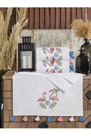Flamingo Nakışlı Püsküllü 3'lü El Ve Yüz Havlusu Beyaz