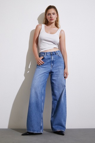 Never More Yüksek Bel Baggy Jean Mavi