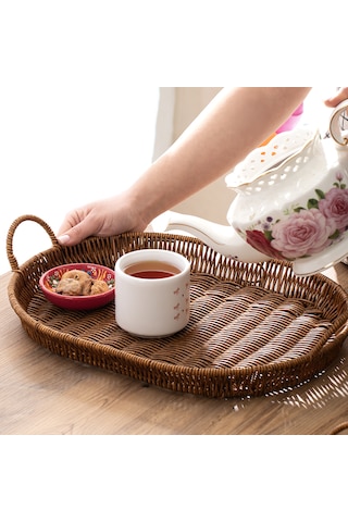 Porsima 708c Oval 3'lü Hasır Tepsi Dekoratif Sunum Servis Tepsisi