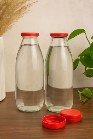 Rotanev 2 Adet 1 Litre Şeffaf Sürahi Süt, Ayran, Su, Limonata, Meşrubat Şişesi Plastik Kapaklı Cam Şişe