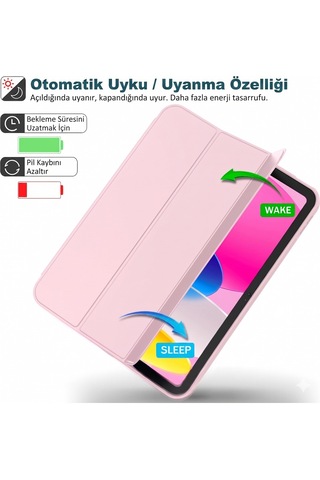 Apple İpad 11.nesil 2025 A16 / 10.nesil 2022 10,9 Inç Uyumlu Kılıf Kalem Tutuculu, Yumuşak Tpu Sırtlı, Üç Katlı Standlı Akıllı Kılıf Kapaklı Kılıf