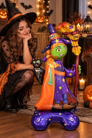 Halloween Cadılar Bayramı Ayaklı Süpürgeli Kedili Cadı Folyo Balon 65x45 Cm Mor Turuncu Oda Süsü Çok Renkli