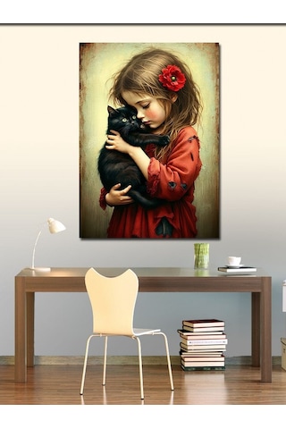 Kanvas Tablo Kedi Seven Küçük Kız 100cmx140cm