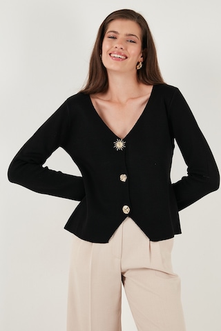 Lela Premium Regular Fit V Yaka Düğmeli Triko Bayan Hırka 680Hi00121 Siyah