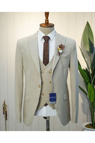 Beystil Sivri Yaka Krem Takım Elbise Petek04 -slim Fit Krem
