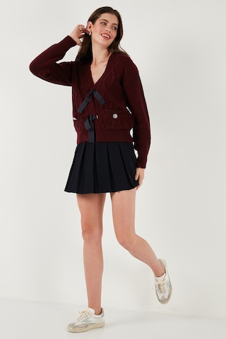 Lela Premium Regular Fit V Yaka Fiyonk Bağlama Detaylı Örgü Desenli Triko Bayan Hırka 680Kz1947 Bordo