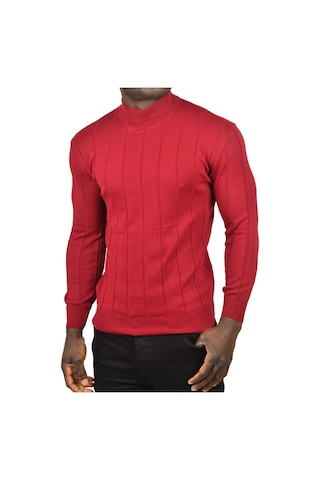 Deepsea Erkek Bordo Slim Fit Likralı Tüylenme Yapmayan Yarım Balıkçı Çizgili Triko Yarım Boğazlı Kazak 2505503 Bordo