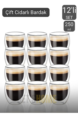 12 Li Set Cappuccino Bardağı Latte Bardağı Çift Cidarlı Bardak Americano Bardağı 250 Ml Kahve Bardak Şeffaf
