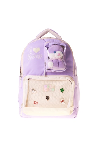 Calacilo Dört Bölmeli Peluşlu K-pop Lilac Peluş Ayı Aksesuarlı Lila Kız Çocuk İlkokul Sırt Çantası - C4104