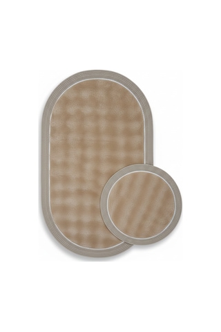 Modern Jüt Kenar Çerçeveli Peluş Banyo Halı Seti Kaymaz Taban 2 Li 100x60-60x60 Daire Altın