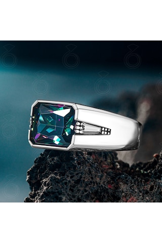 925 Ayar Gümüş Baget Mistik Topaz Taşlı Erkek Yüzük Gümüş