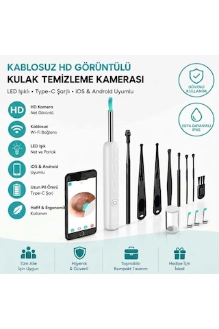 Beyaz Kablosuz Hd Görüntülü Kulak Temizleme Kamerası, Led Işıklı Type-c Şarjlı İos Ve Android Uyumlu Kulak Temizleme Seti 5047