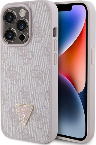 Apple Uyumlu iPhone 15 Pro Kılıf Guess Lisanslı Pu Deri Taşlı Üçgen Logo 4g Desenli Strass Siyah