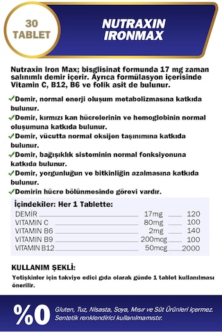 Nutraxin Iron Max 17 Mg 30 Tablet - Gentle Iron, Vitamin C, B12, B6, Folik Asit