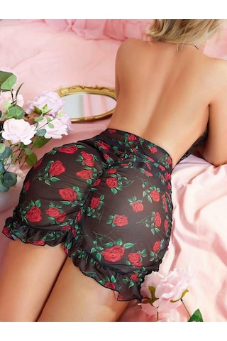 Ang Butik Siyah Dantel İşlemeli Gül Desenli Mini Fantezi Gecelik Mariposa Secret Siyah