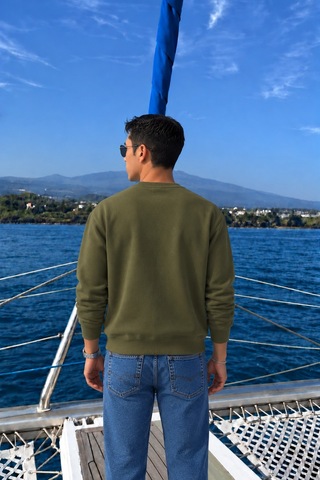 Tarz Cool Erkek Organik Pamuklu Yumuşacık Baskı Detaylı Bisiklet Yaka İçi Polarlı Sweatshirt Haki