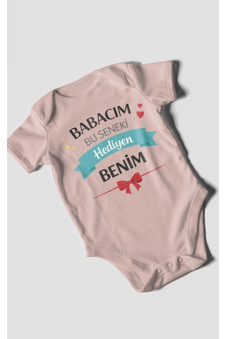 Morivokids Babacım Bu Seneki Hediyen Benim Kısa Kollu Bebek Body %100 Pamuk Pastel Pembe