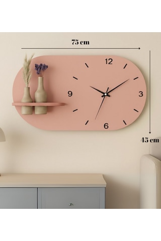 Modern Tasarım Raflı Nera Duvar Saati 75x45 Somon