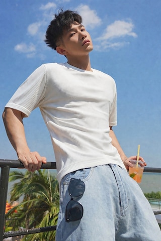 Tarz Cool Erkek Jakarlı Oversize Tişört Bisiklet Yaka Rahat Kalıp Yazlık Basic T-shirt Beyaz