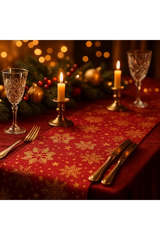 Kırmızı Gold Yılbaşı Masa Runner I Kar Tanesi Desenli Duck Dokulu 40x140 Cm Kırmızı