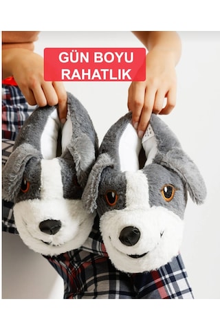 Papucumun Dünyası Unisex Yumuşak Taban Sevimli Köpek Panduf Yetişkin Ve Çocuk Kız Ve Erkek Panduf Gri