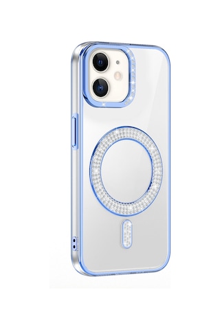 Apple Uyumlu iPhone 11 Kılıf Pırlanta Taş Tasarımlı M-safe Şarj Özellikli Karetta Silikon Kılıf Mavi
