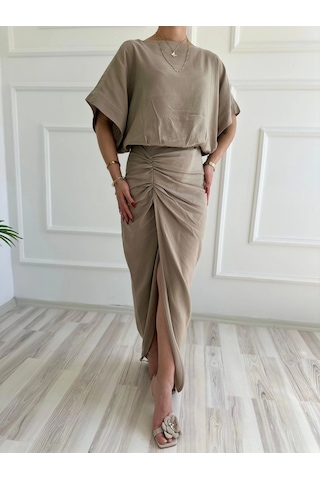 Keymoda Kadın Keten Elbise Vizon Vizon
