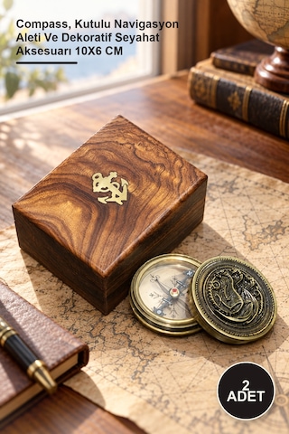 2 Adet Ahşap Kutulu Pirinç Pusula Compass, Kutulu Navigasyon Aleti Ve Dekoratif Seyahat Aksesuarı 10x6 Cm