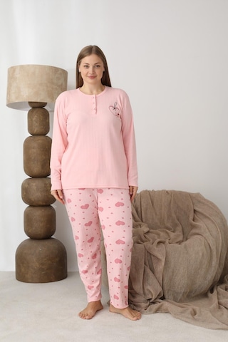Boyraz Lindros Kadın Pamuk'lu Düğme Yaka Raporlu İnterlok Kışlık Battal Pijama Takımı 0110 - 1 Adet Pembe