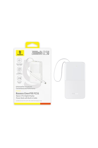 Baseus Enerfill Bipow2 Pro 20000mah Dahili Usb-c Kablolu, 22,5 W Hızlı Şarjlı, Led Ekranlı Powerbank, Beyaz Beyaz