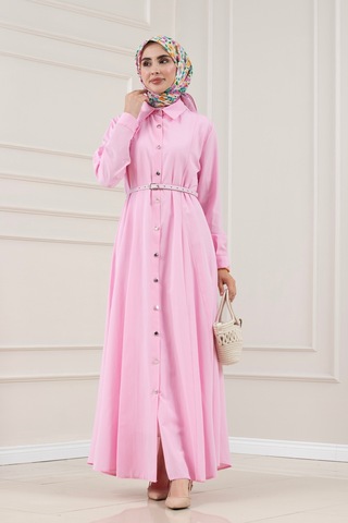 Sevitli Gömlek Yaka Kemerli Berra Elbise-pembe-5884