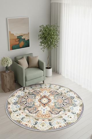 Zeminde Bir Dönüş Yuvarlak Medalyonlu Halı Tasarımı - Kaymaz Taban Krem